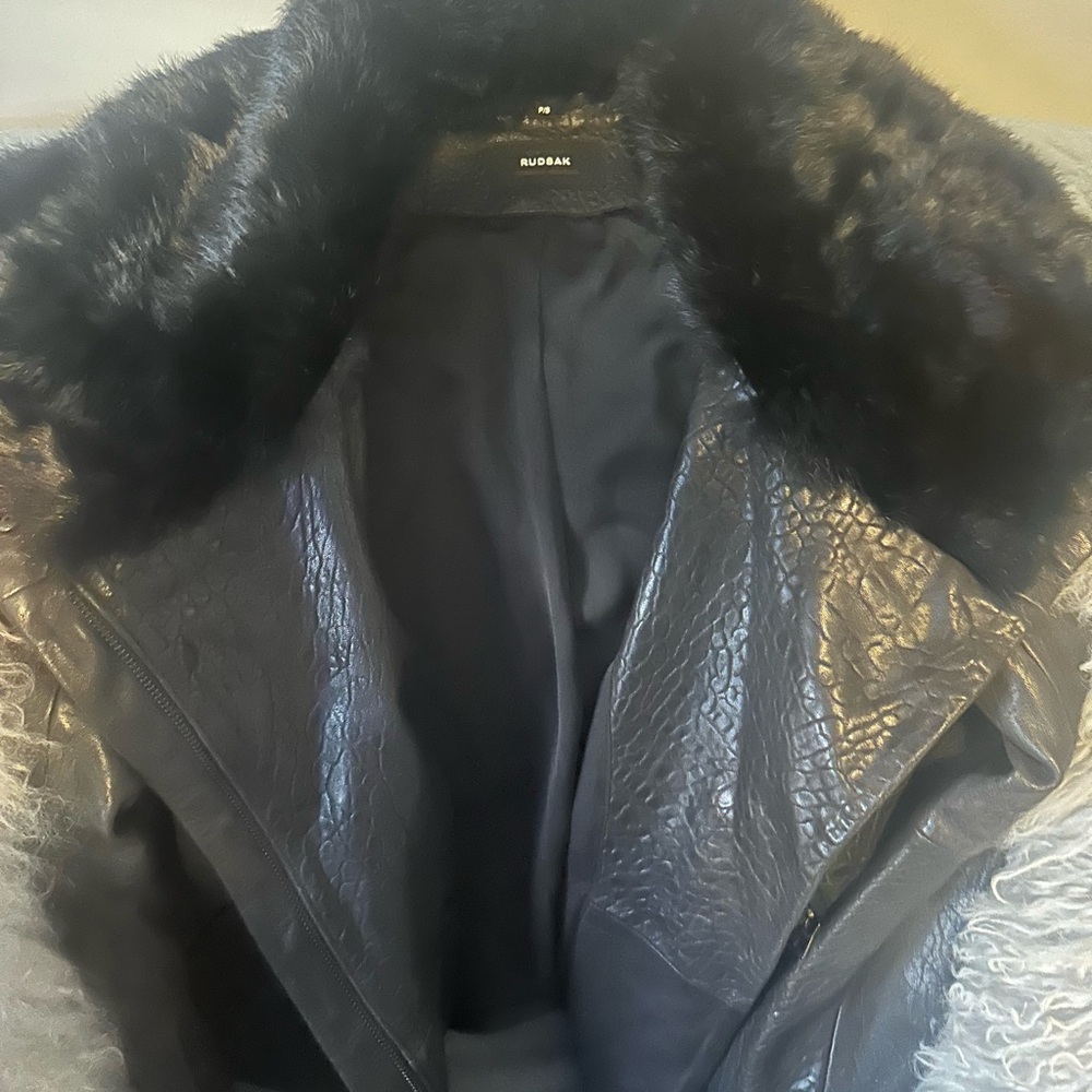 RUDSAK Black Leather Jacket with Real Fur Collar